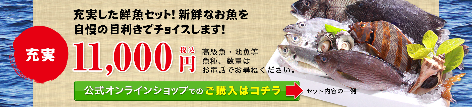 充実11000円セット。高級魚も含む大満足セット！お客様に喜ばれること間違い無し！