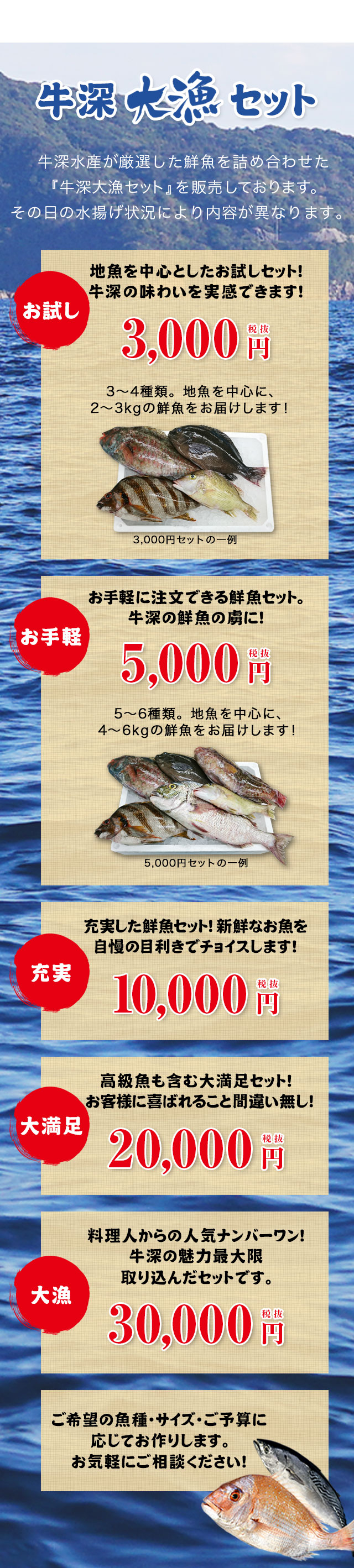 牛深大漁セット牛深水産が厳選した鮮魚を詰め合わせた『牛深大漁セット』を販売しております。その日の水揚げ状況により内容が異なります。地魚を中心としたお試しセット!牛深の味わいを実感できます!お試し3000円セット。お手軽に注文できる鮮魚セット。牛深の鮮魚の虜に!お手軽5000円。充実した鮮魚セット!新鮮なお魚を自慢の目利きでチョイスします!充実10000円セット。高級魚も含む大満足セット!お客様に喜ばれること間違い無し!大満足20000円セット。料理人からの人気ナンバーワン!牛深の魅力最大限取り込んだセットです大漁30000円ご希望の魚種・サイズ・ご予算に応じてお作りします。お気軽にご相談ください。